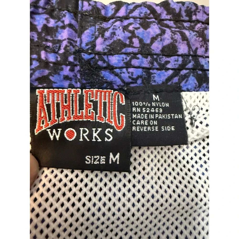 Vintage 90s Athletic Works Blue Black Geometric Swim Trunks Mesh Lined M